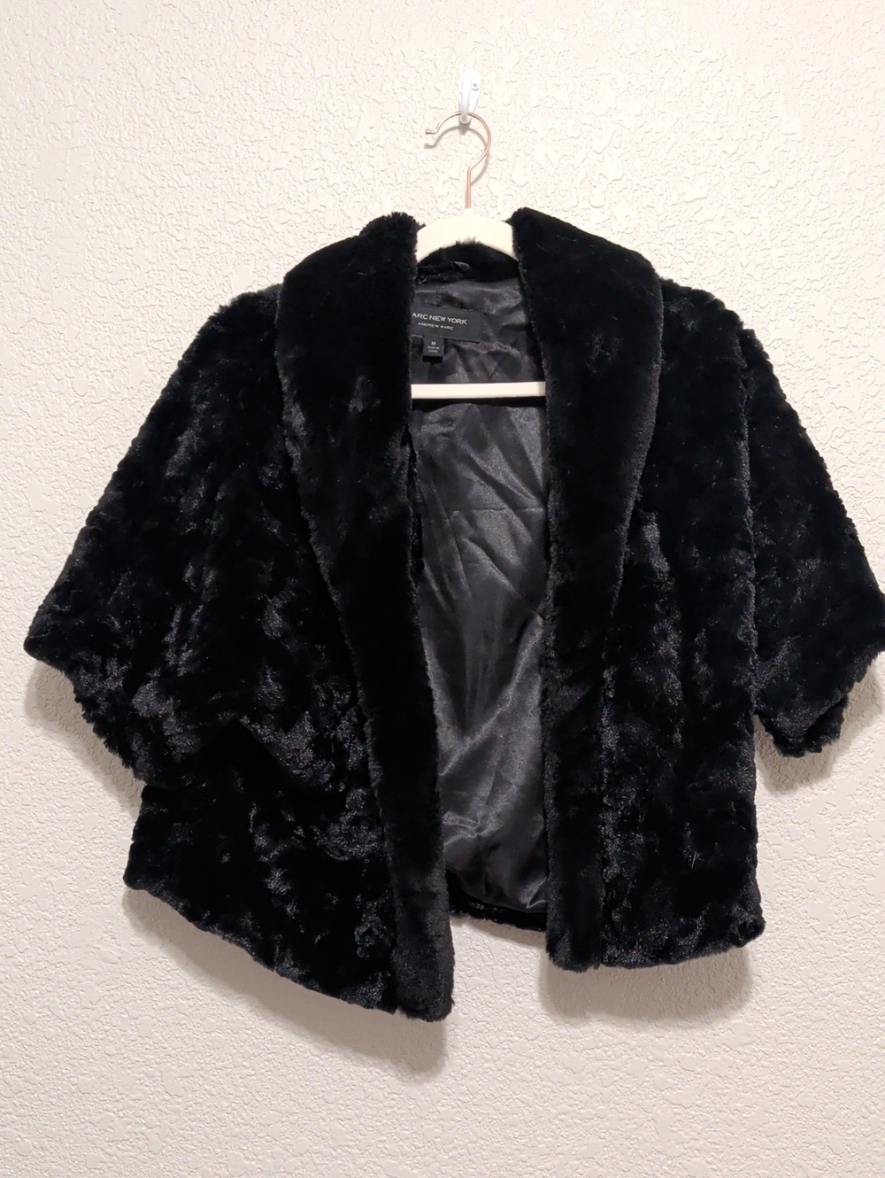 Marc New York black faux fur open front shawl coat